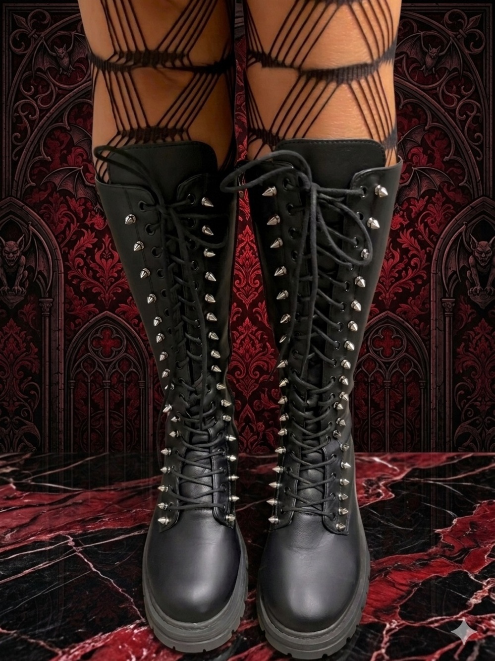 Custom Tragic Beautiful Black Hand Spiked Stud Lace-Up Knee Boots